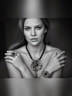 Alberto Luzzi Set Necklace Bracelet Ring 925 Silver Flower with Agate